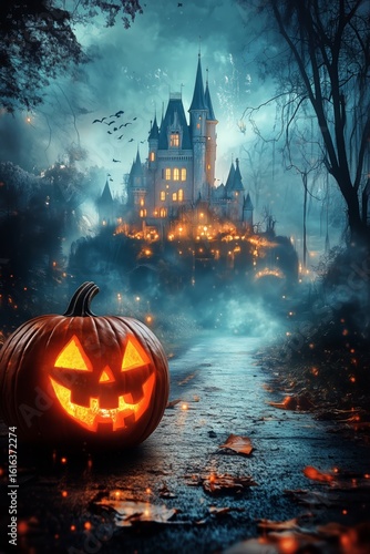 Spooky Halloween Night With a Haunted House and a Carved Pumpkin on a Winding...