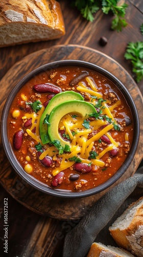 Hearty Chili Served in a Bowl With Cheese and Avocado Sitting on a Wooden Table