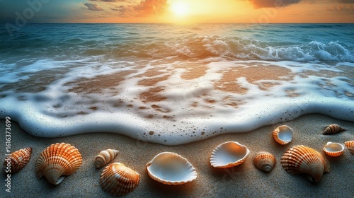 Beautiful Sunset Over the Ocean With Seashells on Sandy Beach