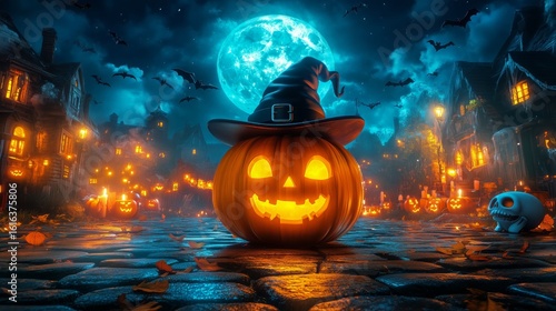 Festive Halloween Pumpkin With a Witch Hat Surrounded by Candles and Spooky D...