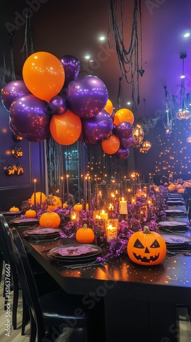 Festive Halloween Dinner Setup With Pumpkins, Balloons, and Candlelight in a ...