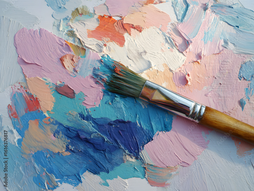 Obraz premium Pastel Pink and Blue Abstract Painting with Paintbrush