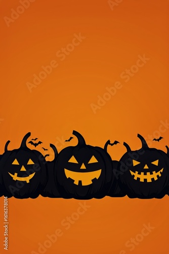 Festive Halloween Pumpkins With Bats Against an Orange Sunset Background.