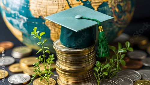Earth globe with graduation hat and plants growing up on stack of coins. The concept of saving money for education, student loan, scholarship, tuition fees in the future