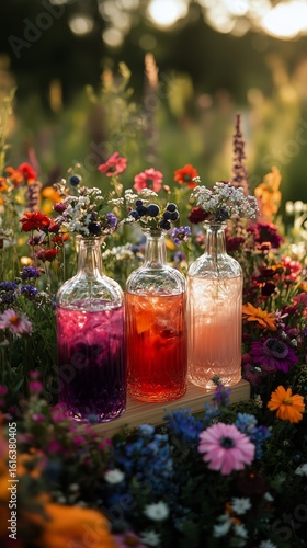 Colorful Glass Bottles With Drinks Surrounded by Flowers in a Sunny Garden Du...