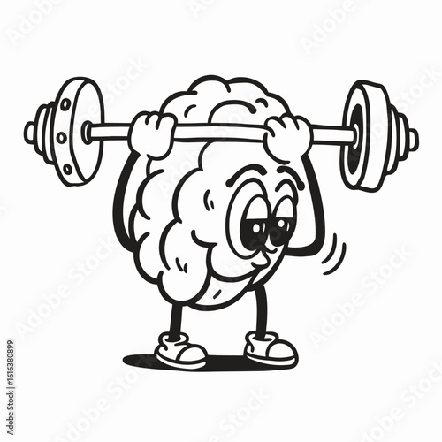 Cartoon Brain Lifting Weights: Strength, Mind Power
