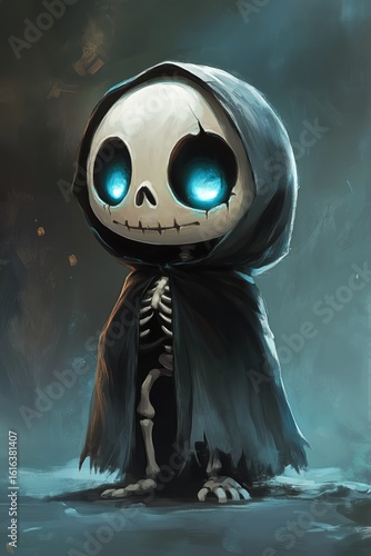 Mysterious Figure With Glowing Eyes in Dark Cloak Standing Alone in an Eerie ...