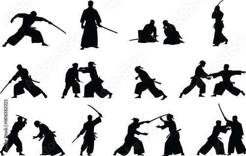 Martial arts sword fighting silhouette, samurai pose vector, kendo training illustration, Japanese warrior stance, combat technique, katana duel art figures, dojo practice scene