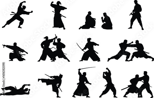 Martial arts combat silhouette, samurai sword fighting vector, karate and kendo pose, Japanese warriors training, katana duel figures, martial movement illustration style