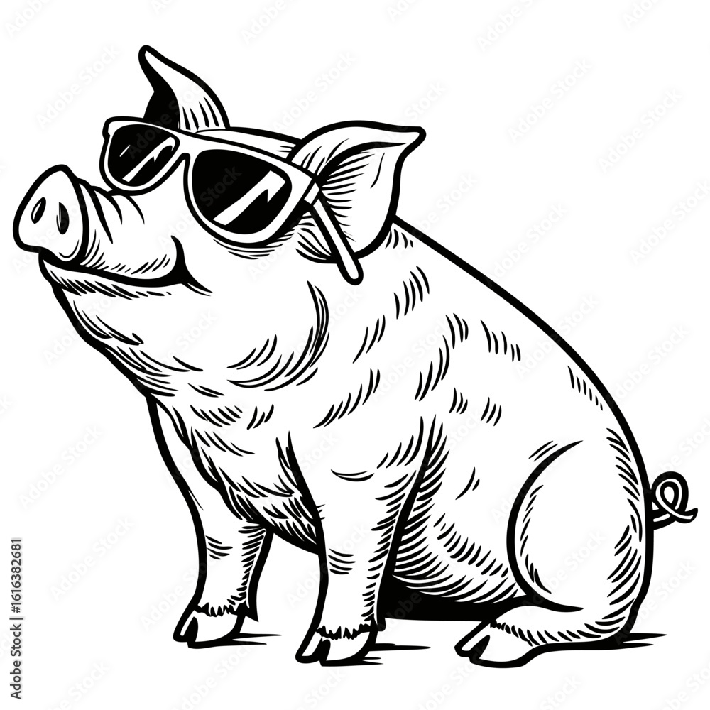 Obraz premium Cool Pig Wearing Sunglasses: Black and White Illustration