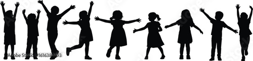 Children silhouette with raised hands, happy kids silhouettes, joyful child poses, fun gesture vector, group childhood expression, silhouette motion illustration, playful children artwork