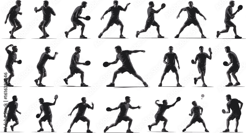 Naklejka premium Table tennis player silhouette, ping pong man actions, realistic paddle sport poses, athlete movement shadow, ping pong illustration, dynamic player vector, sports silhouette artwork
