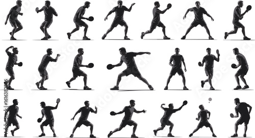 Table tennis player silhouette, ping pong man actions, realistic paddle sport poses, athlete movement shadow, ping pong illustration, dynamic player vector, sports silhouette artwork