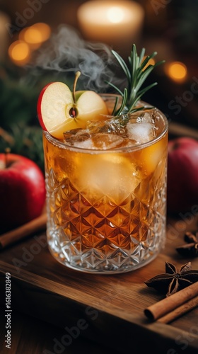 Refreshing Apple Cocktail Garnished With Fresh Herbs and Fruits for Fall Gath...