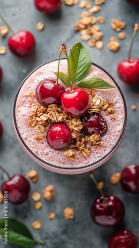 Delicious Cherry Smoothie With Granola Topping in a Glass on a Marble Surface.