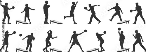 Cornhole game silhouette, bean bag toss player silhouettes, outdoor activity poses, family game illustration, silhouette throwing action, backyard sport fun vector artwork