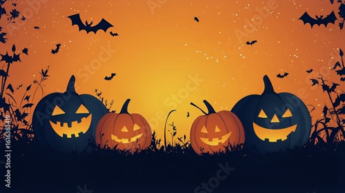 Halloween Pumpkins With Spooky Faces Glowing Under an Orange Sky at Dusk