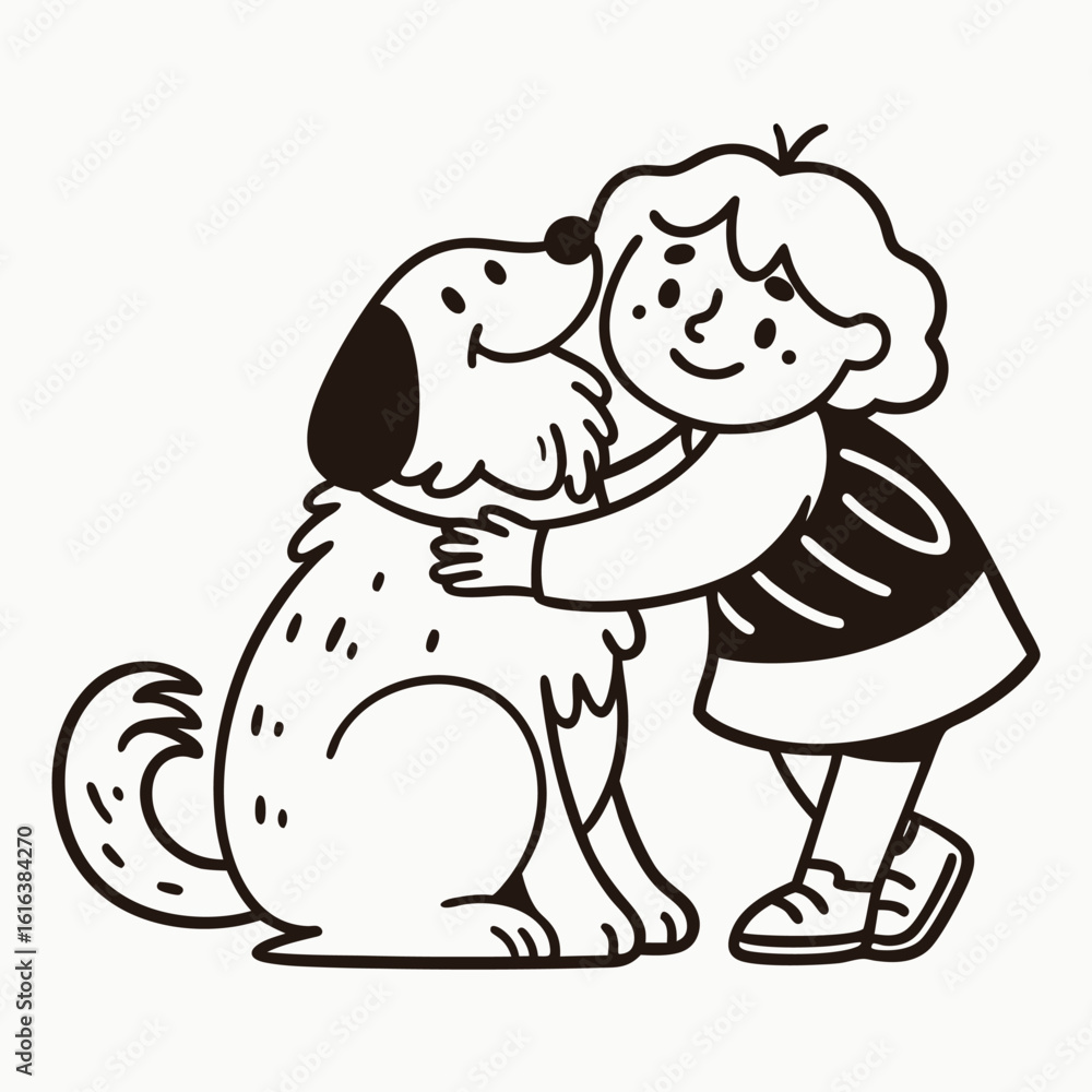 Fototapeta premium Happy Child Hugging Dog, Black and White Illustration