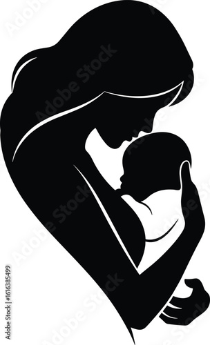Silhouette of loving mother holding baby close, mother and child emotional moment, vector illustration of maternal love, gentle care concept art