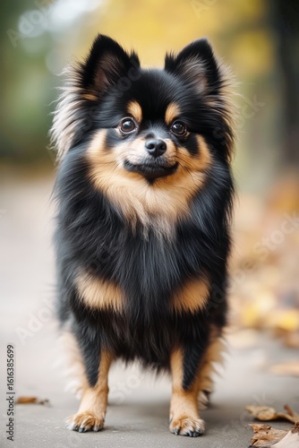 Charming Fluffy Black and Tan Dog Standing on a Path in a Forest During Autumn.