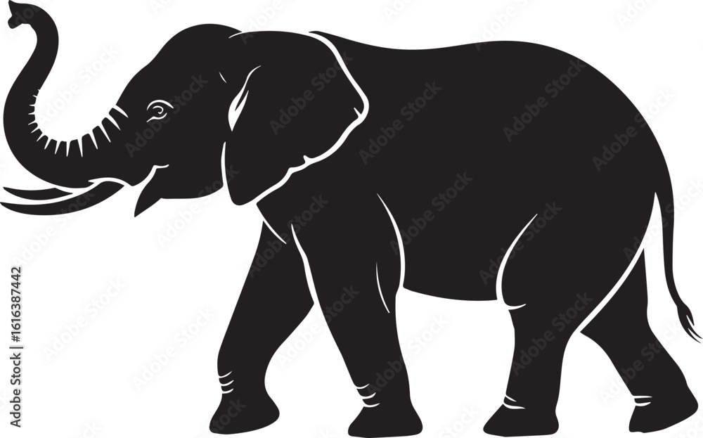 Fototapeta premium Majestic elephant silhouette walking gracefully with trunk raised black white