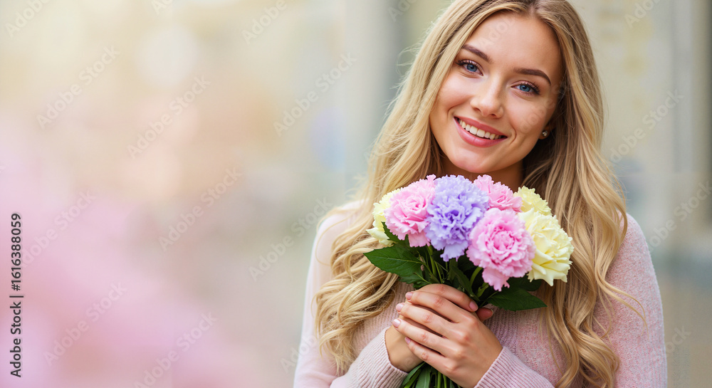 Young woman smiling while holding bouquet of pastel flowers outdoors Young woman smiling while holding bouquet of pastel flowers outdoors