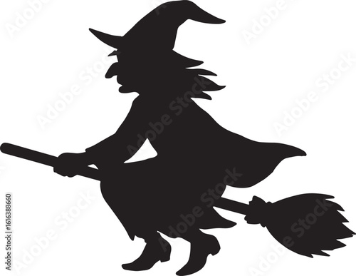 Silhouette of a witch flying on a broomstick black