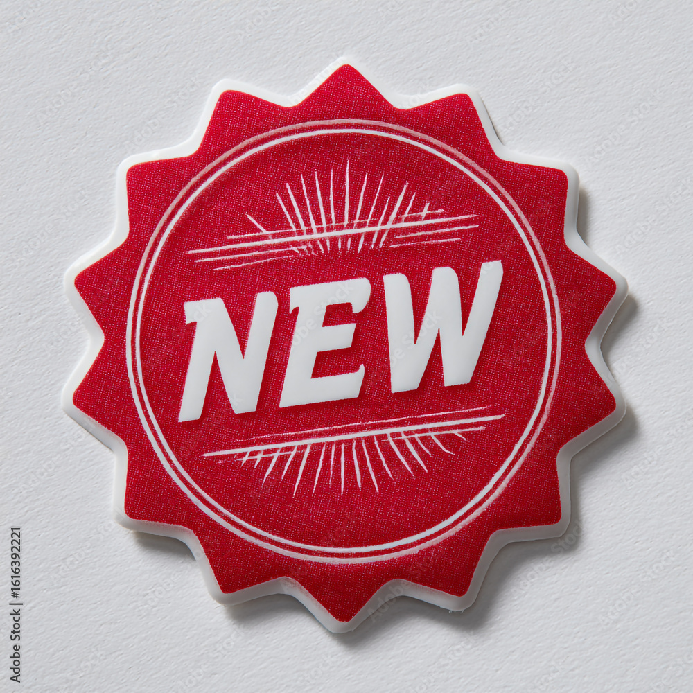 A red starburst sticker with the word new in bold white letters, indicating a new product or offer A red starburst sticker with the word new in bold white letters, indicating a new product or offer