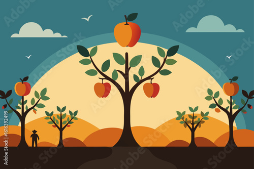 Farmer tending apple orchard under a setting sun