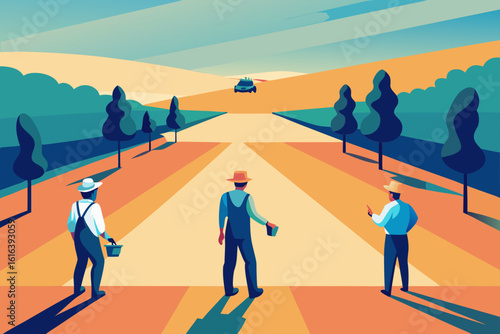 Farmers inspecting fields with a futuristic vehicle in the distance