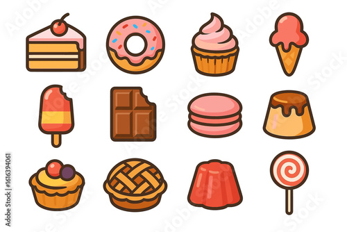 Colorful cartoon desserts featuring cakes, ice cream, and pastries