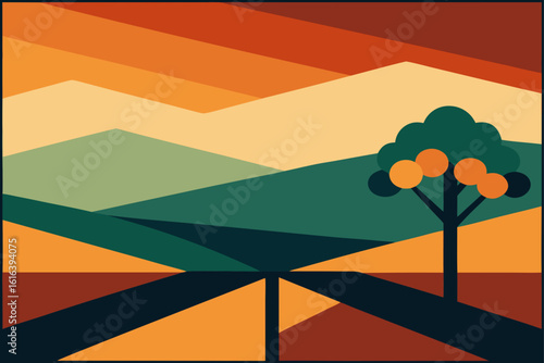 Geometric landscape with tree and orange fruits