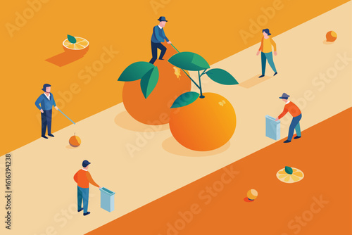 Tiny people working together to harvest giant oranges