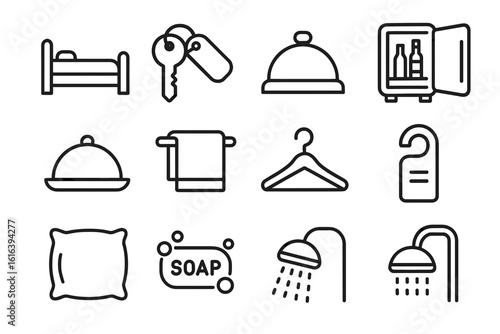 Hotel amenities icons: bed, keys, bell, mini-fridge, towel, hanger, soap, shower, door hanger