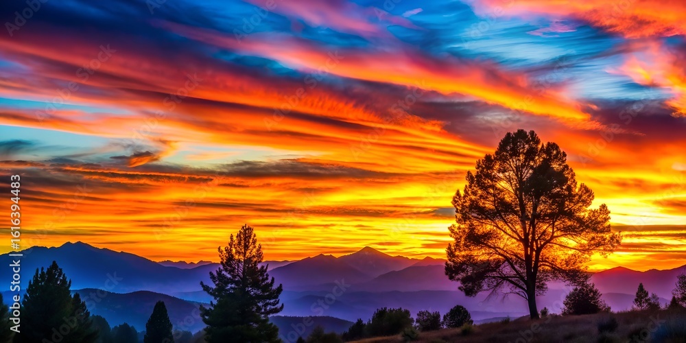 Obraz premium Photo of a dramatic sunset with vibrant colors painting the sky over a mountainous landscape, creating a scenic and breathtaking view