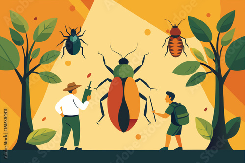 Entomologists studying giant insects in a stylized forest