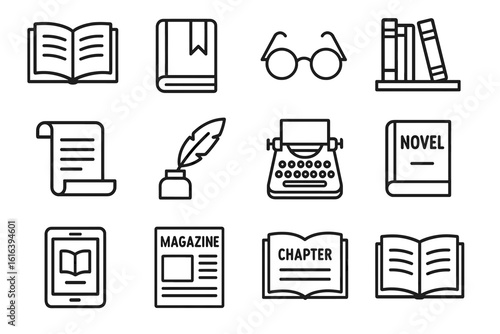 Line art icons of books, typewriter, and reading accessories in black and white
