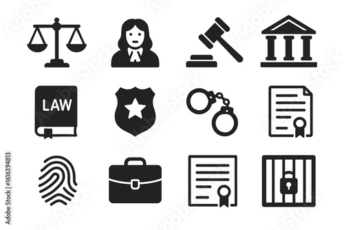 Legal and justice icons: scale, lawyer, gavel, court, law book, badge, handcuffs, document