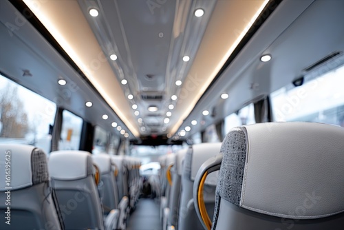 Modern bus interior showcases sleek design, ample seating, and a