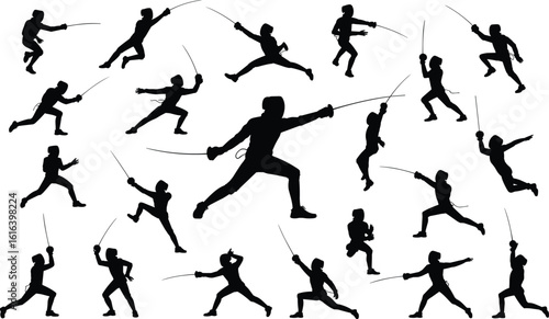 Fencing silhouettes, fencer poses, sword lunge motion, dynamic combat figure, foil duel artwork, sportsman illustration, martial stance vector, shadow fencing activity