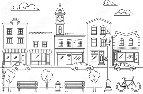 Wallpaper Mural Charming hand drawn sketch of a quaint town street scene with buildings and people Torontodigital.ca