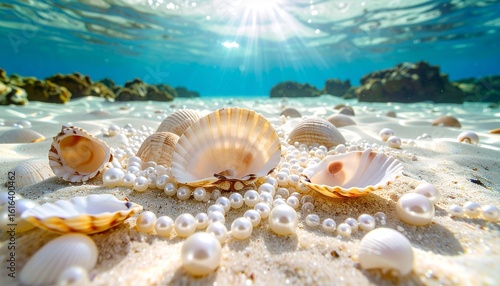 Underwater Pearls and Seashells on Sandy Ocean Floor with Sunlight Rays