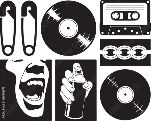 Safety pins vinyl records cassette tape chain and spray can vector