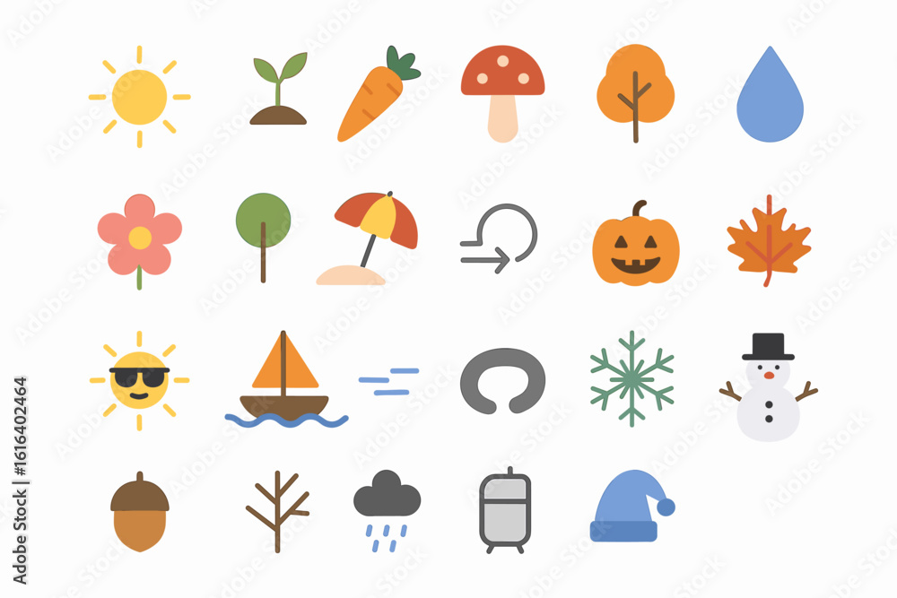 Fototapeta premium Colorful seasonal icons featuring nature, weather, and holiday themes