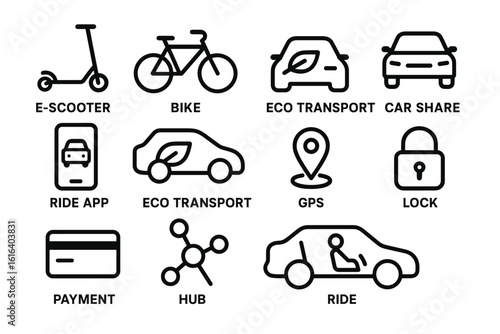 Eco-friendly transportation icons: e-scooter, bike, car share, ride app, gps, payment