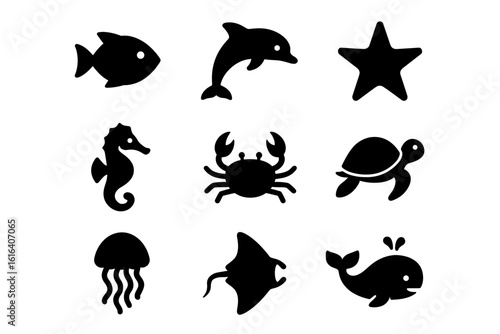 Silhouette icons of marine animals: fish, dolphin, starfish, seahorse, crab, turtle, jellyfish, ray, whale