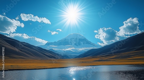 Majestic Mount Kailash Under a Brilliant Sun with Reflecting Lake and Vast Landscape