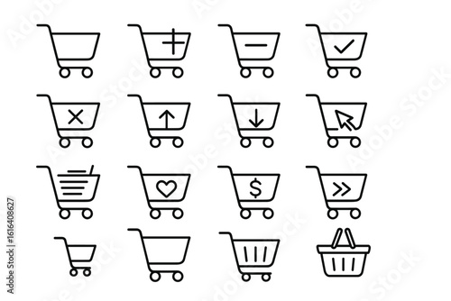 Shopping cart icons set with various symbols and functions