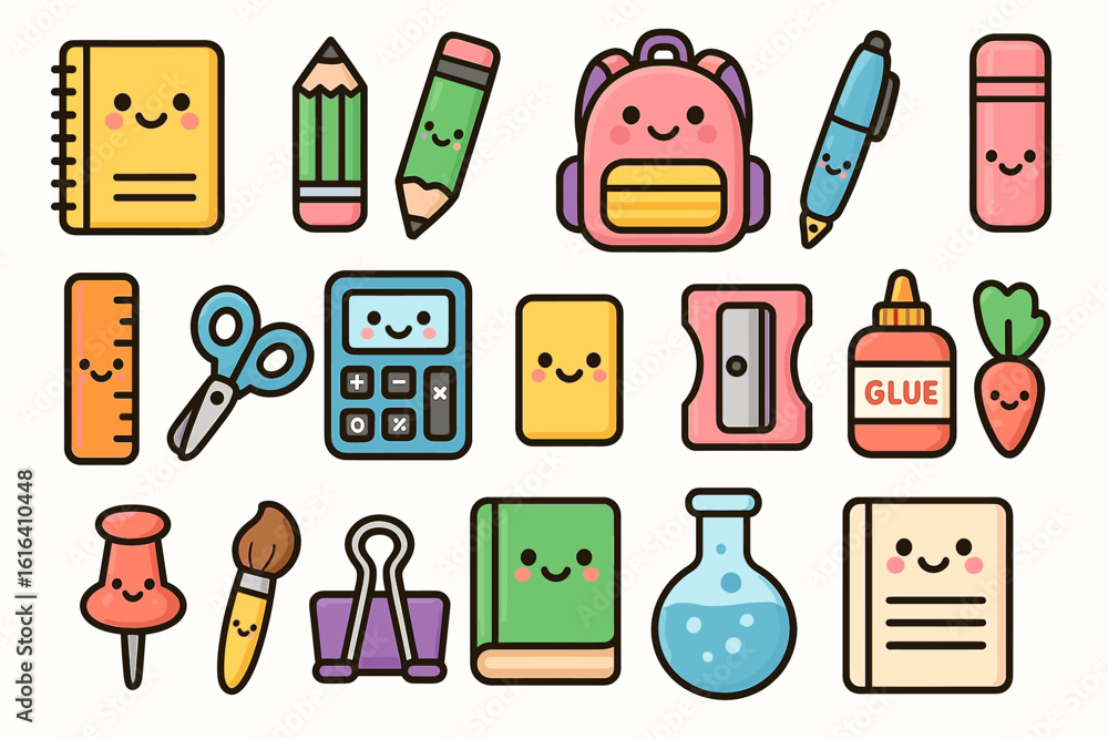 Cute kawaii school supplies set with smiling faces: notebook, backpack, and more Cute kawaii school supplies set with smiling faces: notebook, backpack, and more