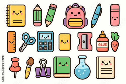 Cute kawaii school supplies set with smiling faces: notebook, backpack, and more